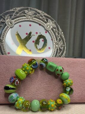 Artisan Lampwork Glass Bracelet Women OS Green Hobnail Millefiori Evil Eye